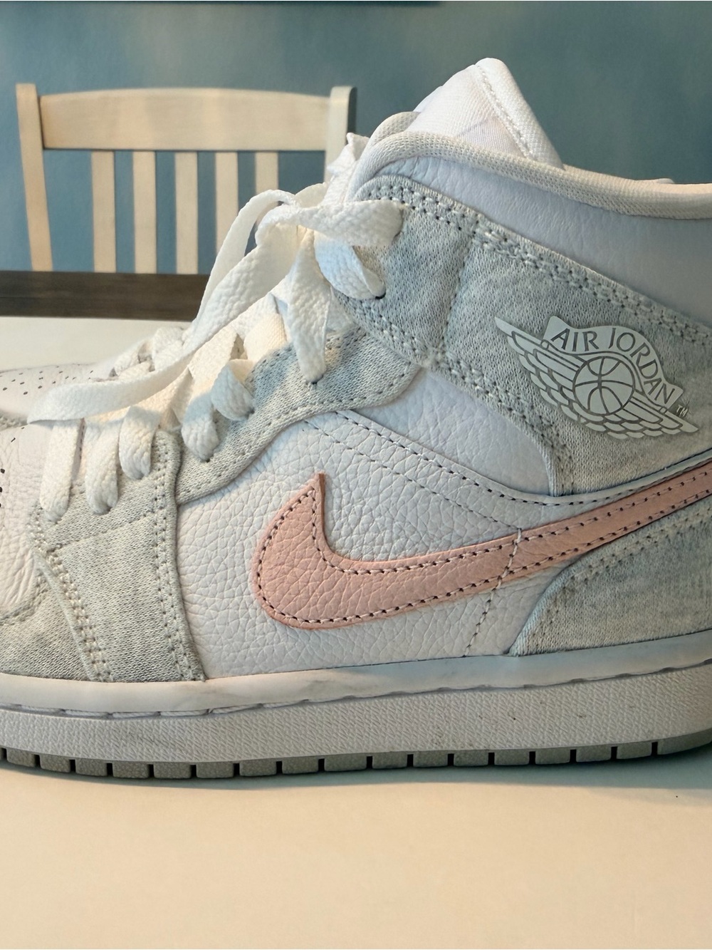 Jordan Womens Mid-Top Sneakers in White, Grey and Light Pink Swoosh